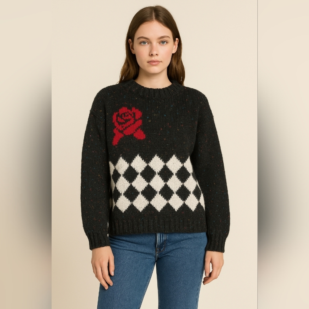 Knit Knit Rose Intarsia Argyle Chunky Knit Sweater M